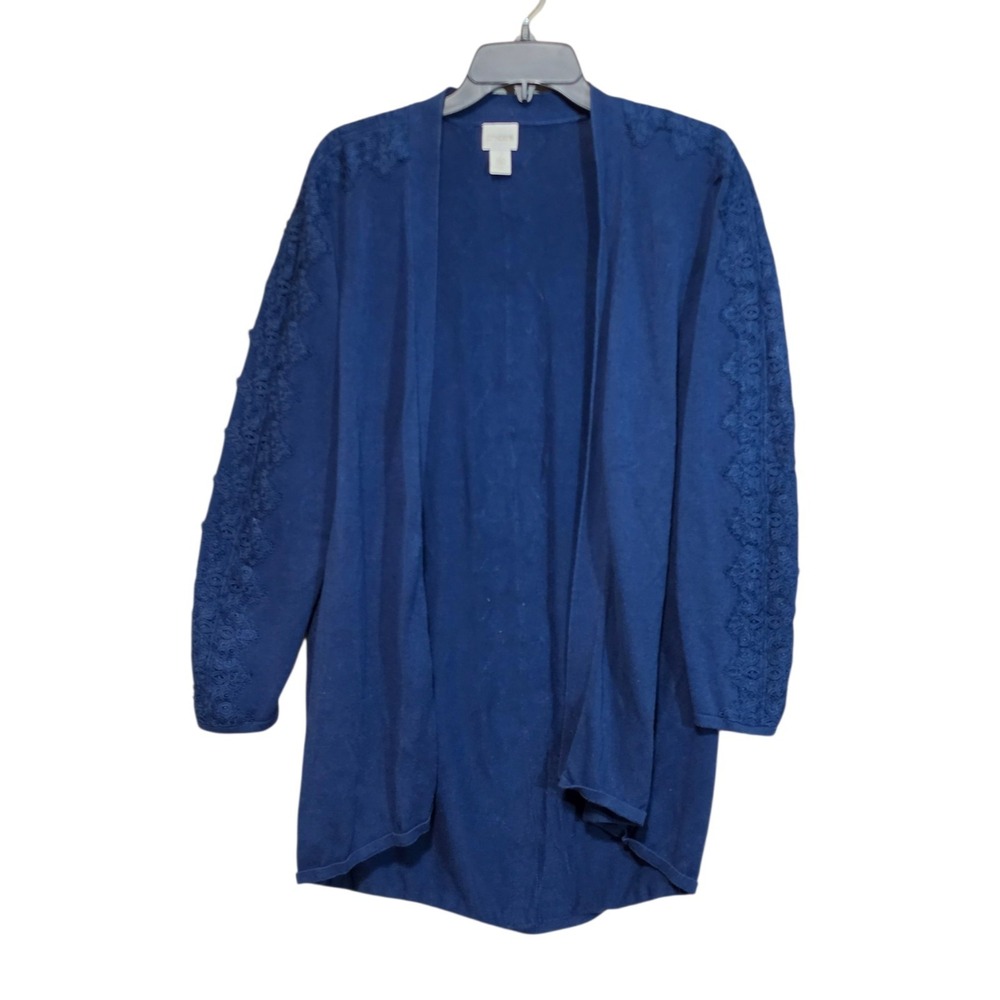 Chico's‎ Sz 2 LARGE Navy Blue Woman's Open Front Cardigan Tonal Lace Accents